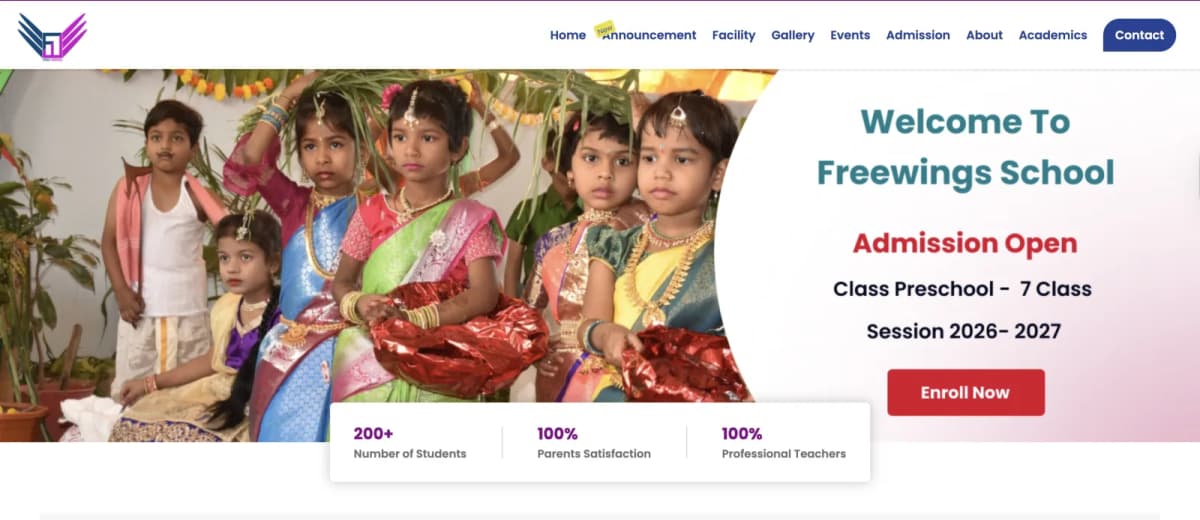 Screenshot of the Freewings School website